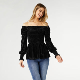 Lulu Pleated Velour Top - Black