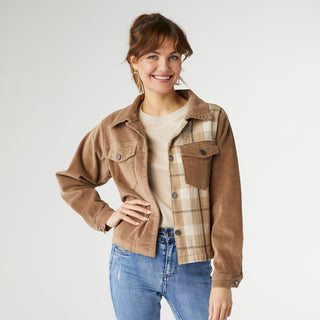 Roark Corduroy Button Front Jacket - Latte Plaid