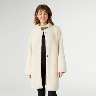 Joella Brushed Knit Coat with Broach - Oatmeal