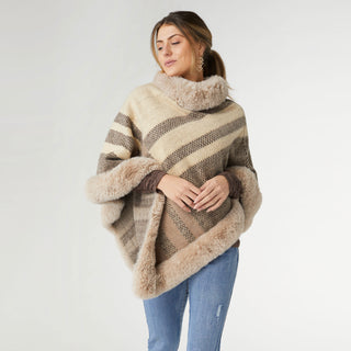 Abby Faux Fur Trim Poncho - Tan