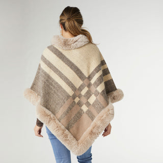 Abby Faux Fur Trim Poncho - Tan