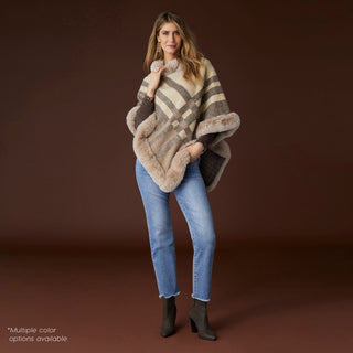 Abby Faux Fur Trim Poncho - Tan