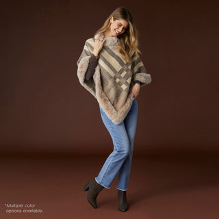 Abby Faux Fur Trim Poncho - Tan