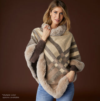 Abby Faux Fur Trim Poncho - Tan