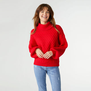 Maren Cable Knit Turtleneck Sweater - Red