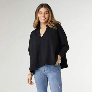 Rila Fine Gauge V-Neck Sweater with Side Slit - Black