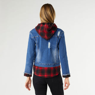 OMG Hooded Denim Jacket with Plaid Trim - Medium Denim