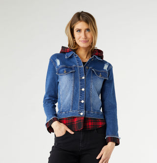 OMG Hooded Denim Jacket with Plaid Trim - Medium Denim