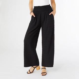 Lillian Flowy Textured Pants with Cinched Waist - Black