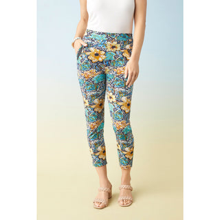 Printed Jasmine Capri Zip Pocket Leggings - Teal/Mustard Floral