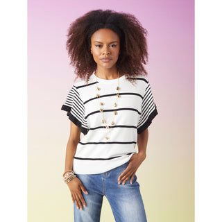 Claudia Knit Striped Top with Scalloped Sleeve - White/Black