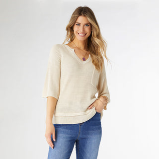 Mavis V-Neck Elbow Sleeve Knit Top - Natural