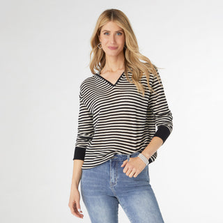 Aruni V-Neck Striped Knit Top with Hood - Black/Natural