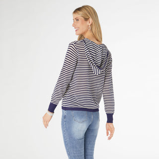 Aruni V-Neck Striped Knit Top with Hood - Navy/White