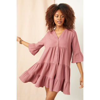 Lilith Elbow Sleeve Gauze Dress - French Rose