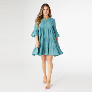 Lilith Elbow Sleeve Gauze Dress - Blue Surf