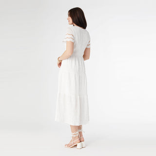 Genevieve Cinched Maxi Dress with Crochet Sleeve - White