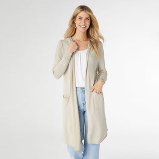 AirWeave Long Hooded Cardigan with Lattice Back - Sand