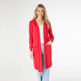 AirWeave Long Hooded Cardigan with Lattice Back - Red