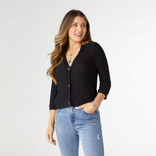 Anice 3/4 Sleeve Button Down Cardigan - Black