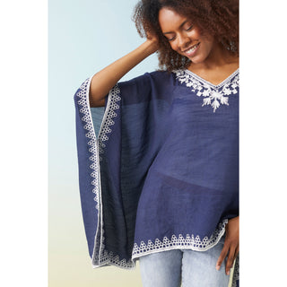 Amaryllis Poncho with Embroidery Trim - Navy