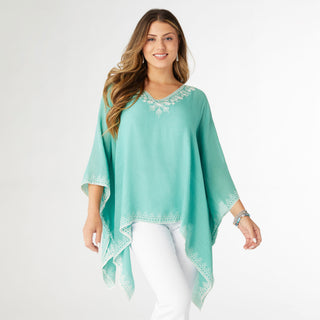 Amaryllis Poncho with Embroidery Trim - Aqua