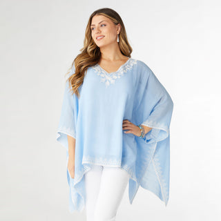 Amaryllis Poncho with Embroidery Trim - Dusty Blue