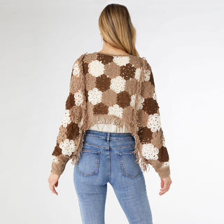 Nyla Floral Crochet Pullover Top - Khaki/Ivory