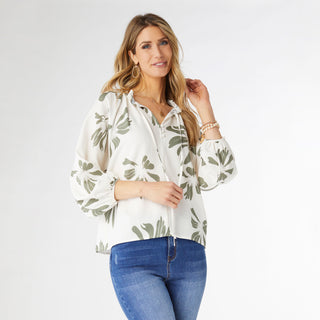 Marion Floral Print Blouse with Front Tie - Cream/Sage