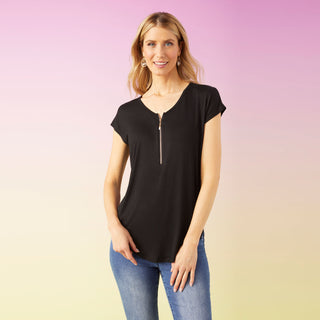 Frankie Cap Sleeve Top with Zipper - Black