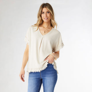 River Flowy Short Sleeve Top with Fringe - Sand