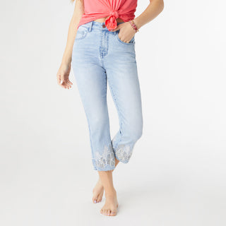 EverStretch Straight Leg Capri with Floral Embroidery - Light Denim