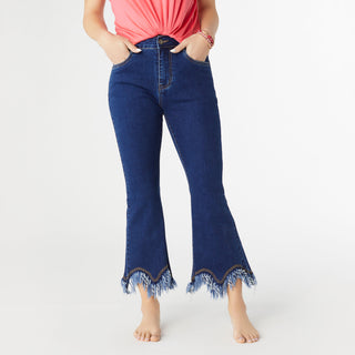 EverStretch Flare Crop with Scalloped Bottom Fringe - Indigo Dark Denim