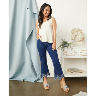 EverStretch Flare Crop with Scalloped Bottom Fringe - Indigo Dark Denim