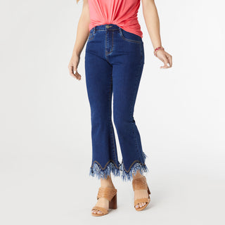 EverStretch Flare Crop with Scalloped Bottom Fringe - Indigo Dark Denim