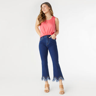 EverStretch Flare Crop with Scalloped Bottom Fringe - Indigo Dark Denim