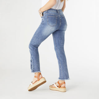 EverStretch Straight Leg Ankle with Crossover Fringe - Medium Denim