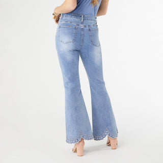 EverStretch Flare with Hand Bead Embroidered Scalloped Bottom - Medium Denim