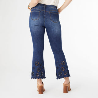 Bambu Soft Flare Ankle with Eyelet Flowers - Indigo Dark Denim