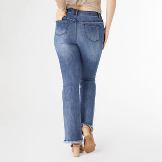 Bambu Soft Flare with Fringe Notched Bottom and Rhinestones - Dark Denim