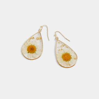 Pressed Flower Earrings - White Teardrop