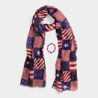 Patchwork Scarf + Bracelet Set - Red/White/Blue