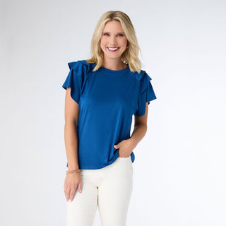 Mandy Cap Sleeve Ruffle Tee - Patriot Blue