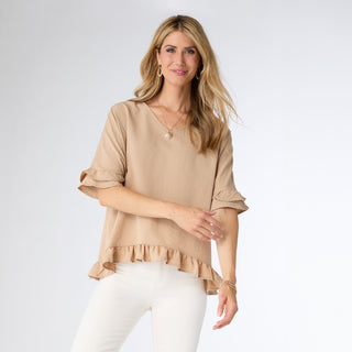 Carley Flowy Top with Ruffle - Khaki