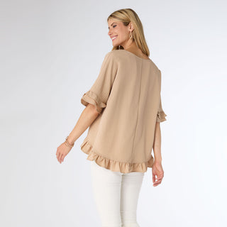 Carley Flowy Top with Ruffle - Khaki
