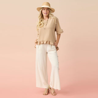 Carley Flowy Top with Ruffle - Khaki
