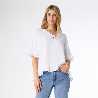 Carley Flowy Top with Ruffle - White