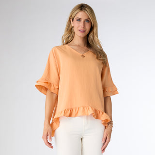 Carley Flowy Top with Ruffle - Tangerine