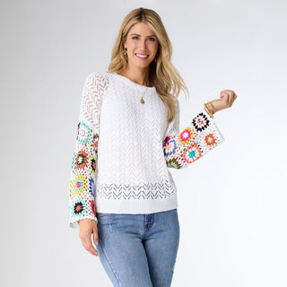 Edie Lightweight Sweater with Crochet Sleeve - White