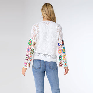 Edie Lightweight Sweater with Crochet Sleeve - White